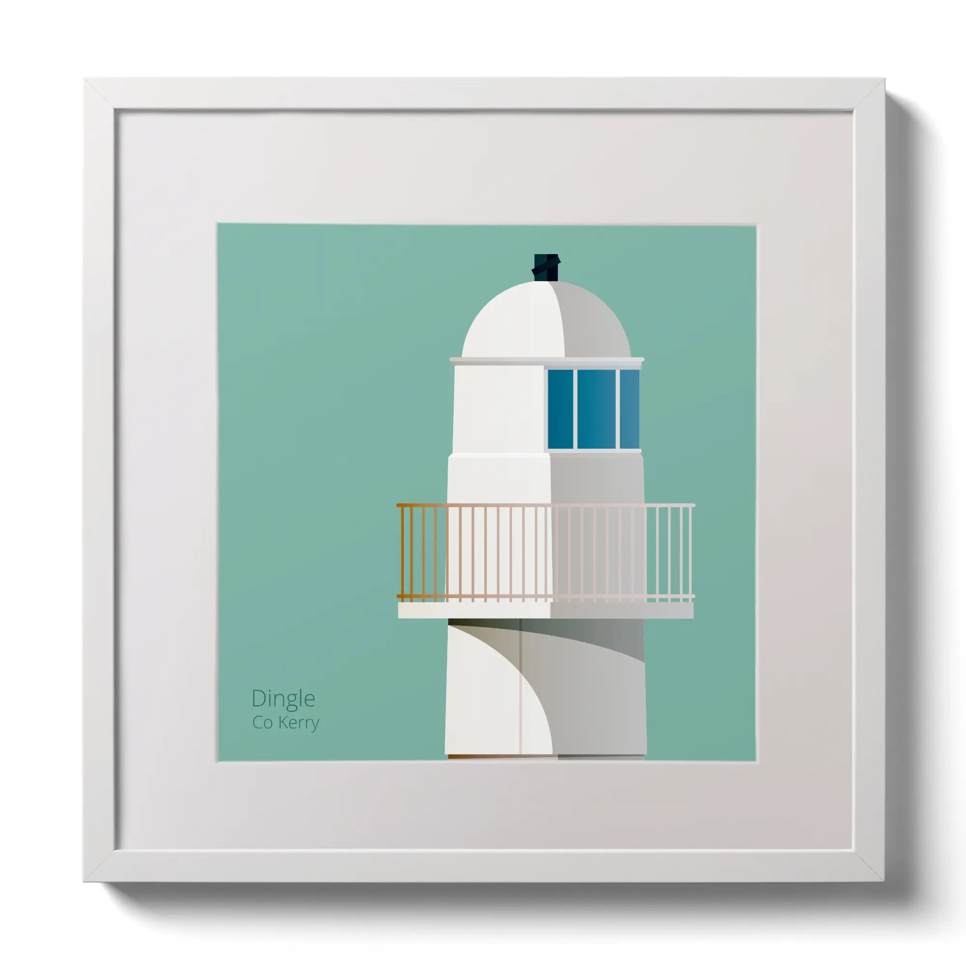 Illustration of Dingle lighthouse on an ocean green background,  in a white square frame measuring 30x30cm.