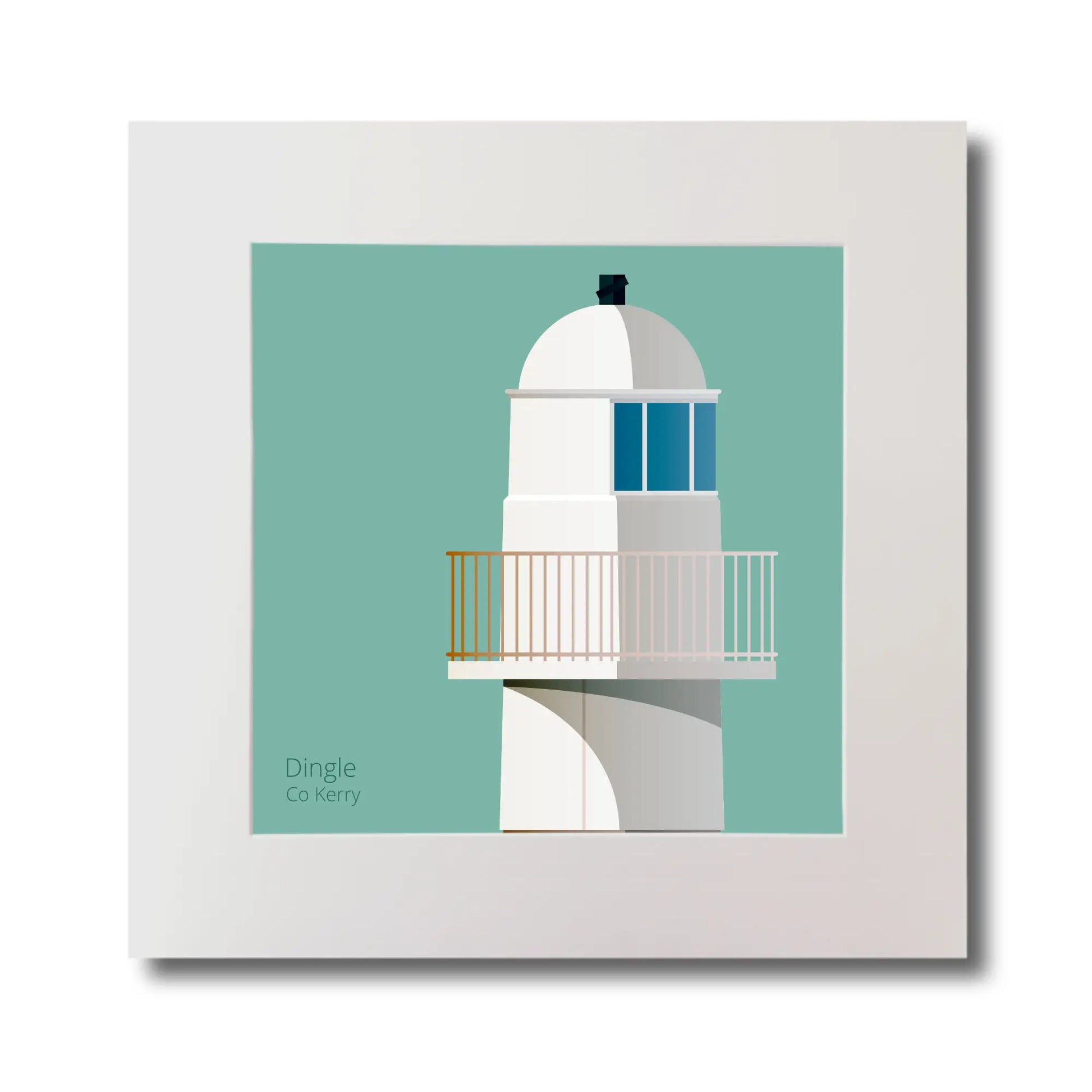 Illustration of Dingle lighthouse on an ocean green background, mounted and measuring 30x30cm.