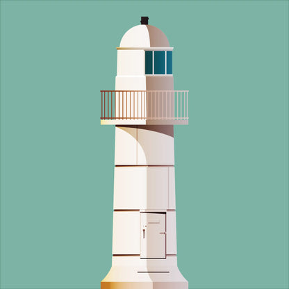 Illustration of Dingle lighthouse on a white background inside light blue square.