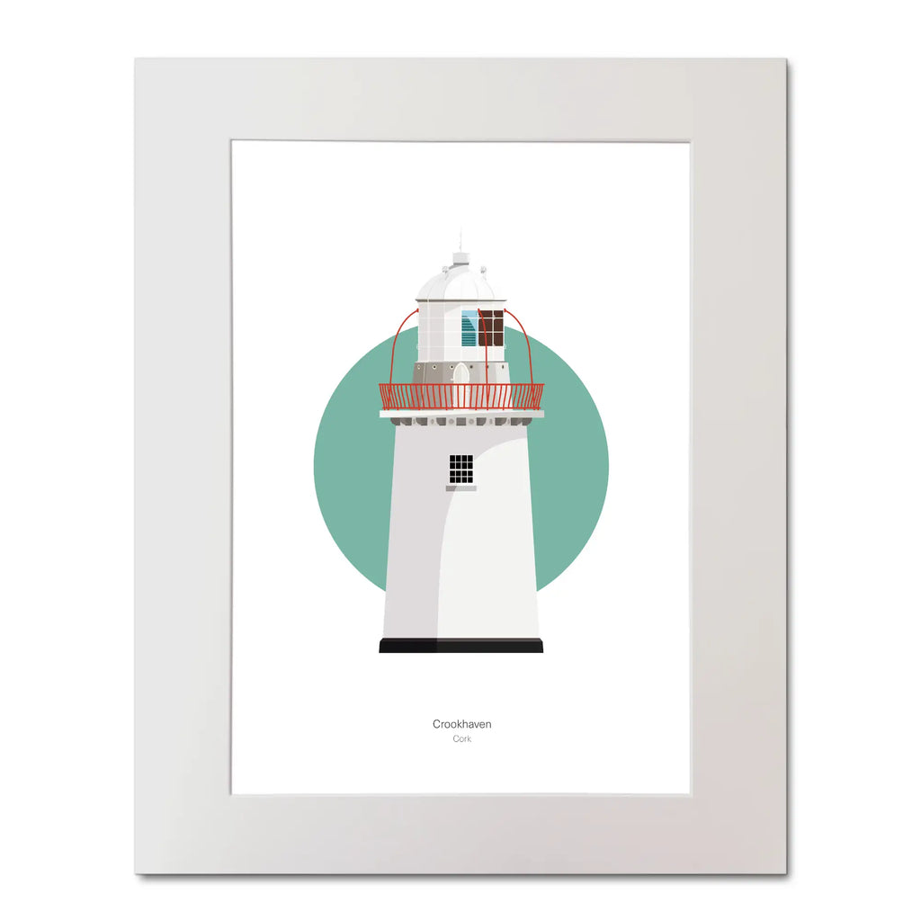 Illustration of Crookhaven lighthouse on a white background inside light blue square, mounted and measuring 40x50cm.