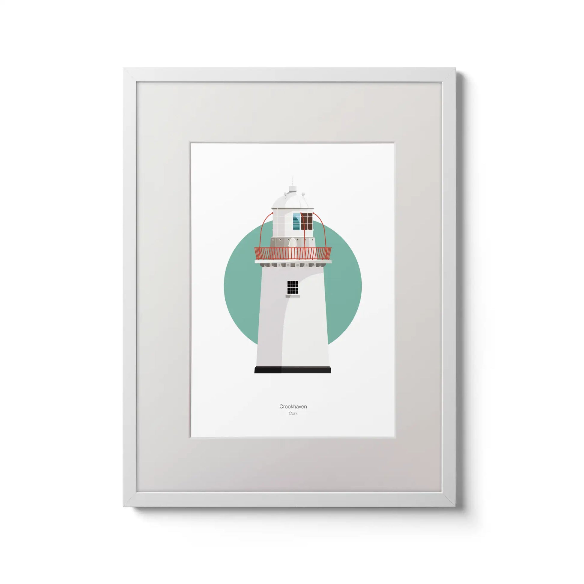Illustration of Crookhaven lighthouse on a white background inside light blue square,  in a white frame measuring 30x40cm.