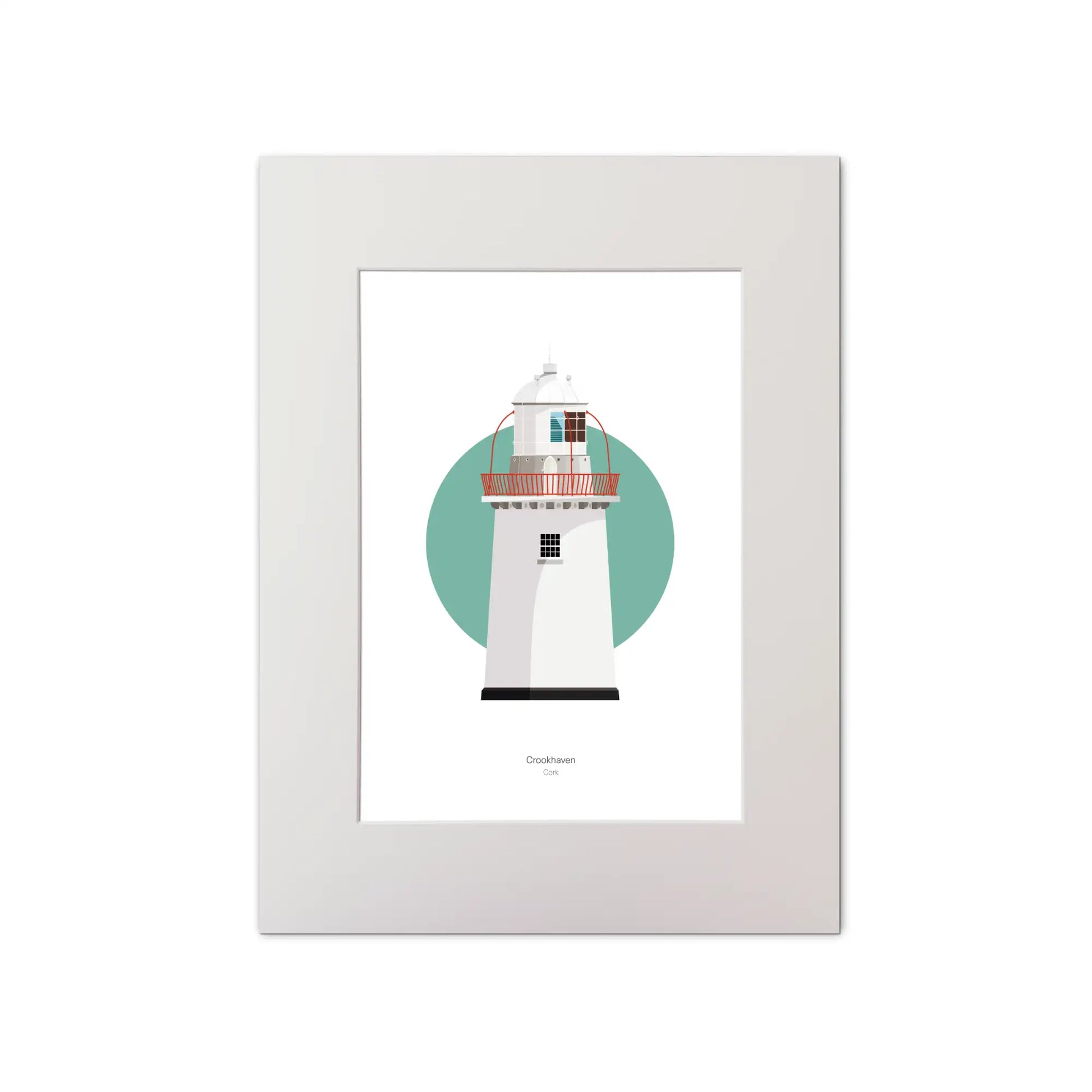 Illustration of Crookhaven lighthouse on a white background inside light blue square, mounted and measuring 30x40cm.