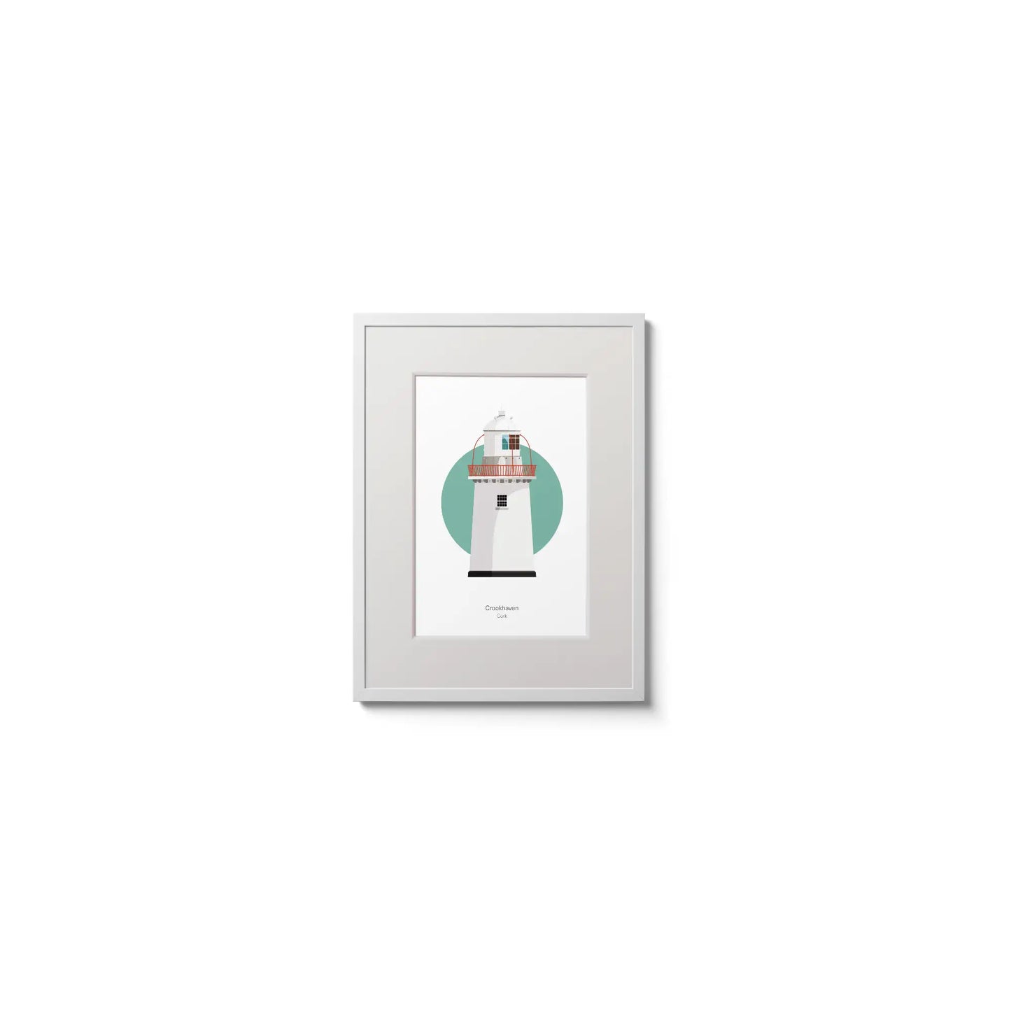 Illustration of Crookhaven lighthouse on a white background inside light blue square,  in a white frame measuring 15x20cm.