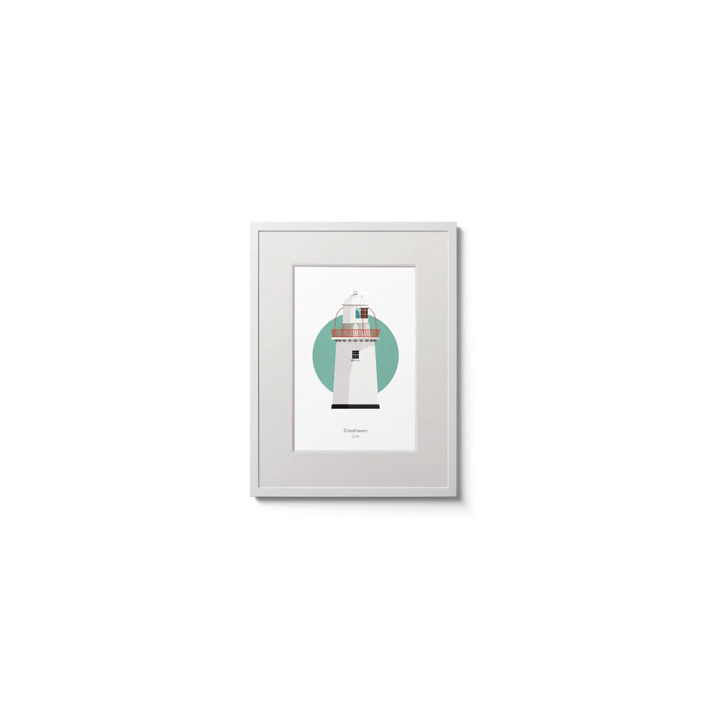 Illustration of Crookhaven lighthouse on a white background inside light blue square,  in a white frame measuring 15x20cm.