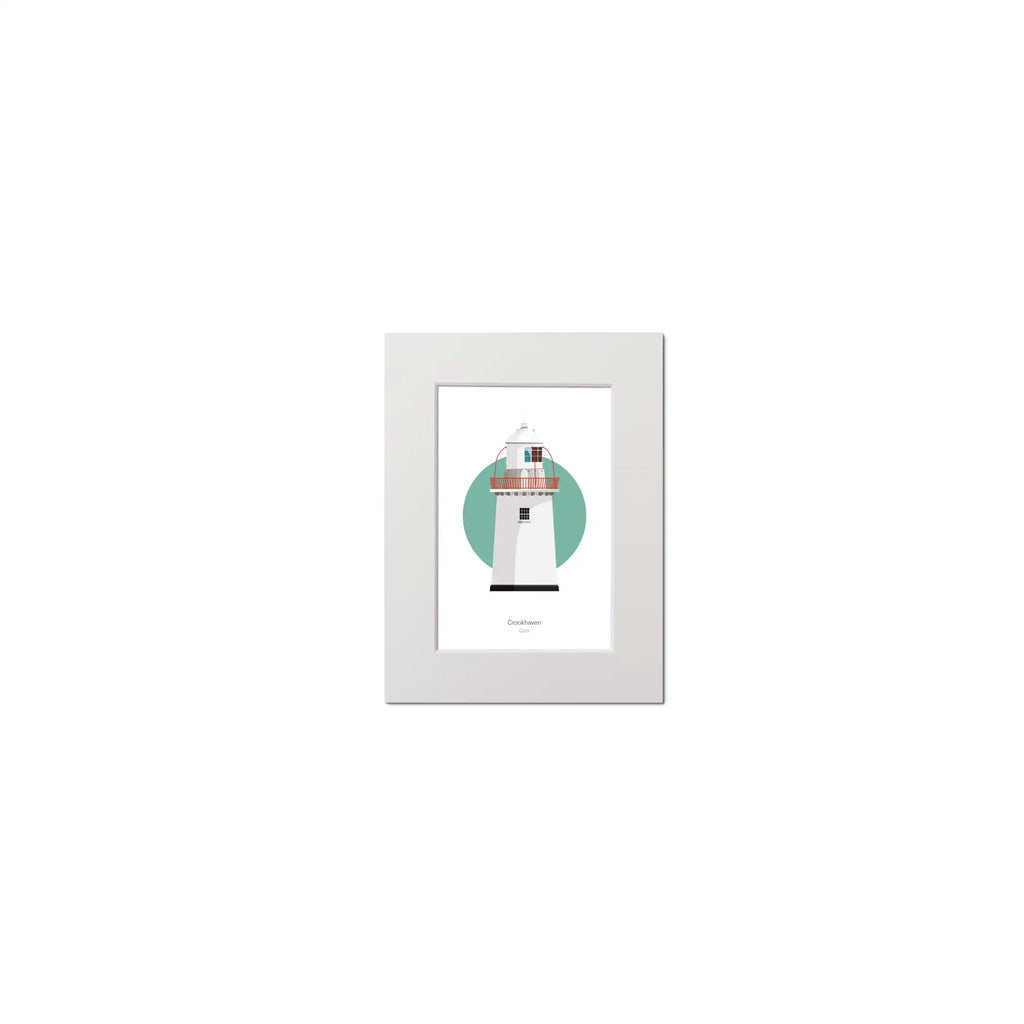 Illustration of Crookhaven lighthouse on a white background inside light blue square, mounted and measuring 15x20cm.