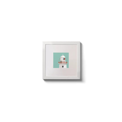 Illustration of Crookhaven lighthouse on an ocean green background,  in a white square frame measuring 10x10cm.