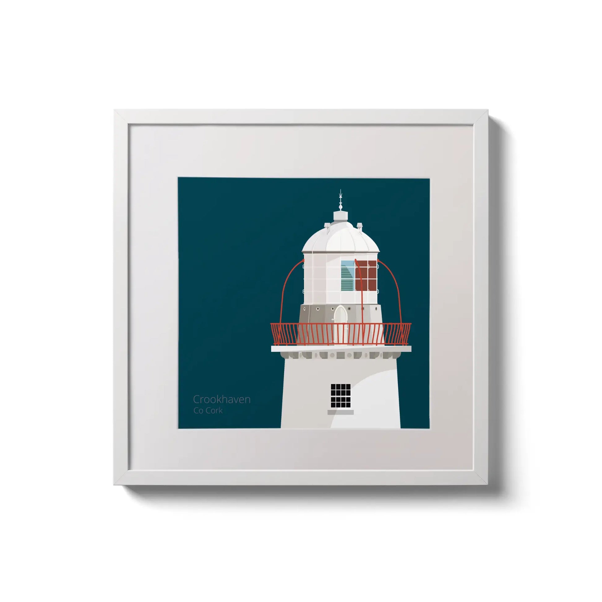 Illustration of Crookhaven lighthouse on a midnight blue background,  in a white square frame measuring 20x20cm.