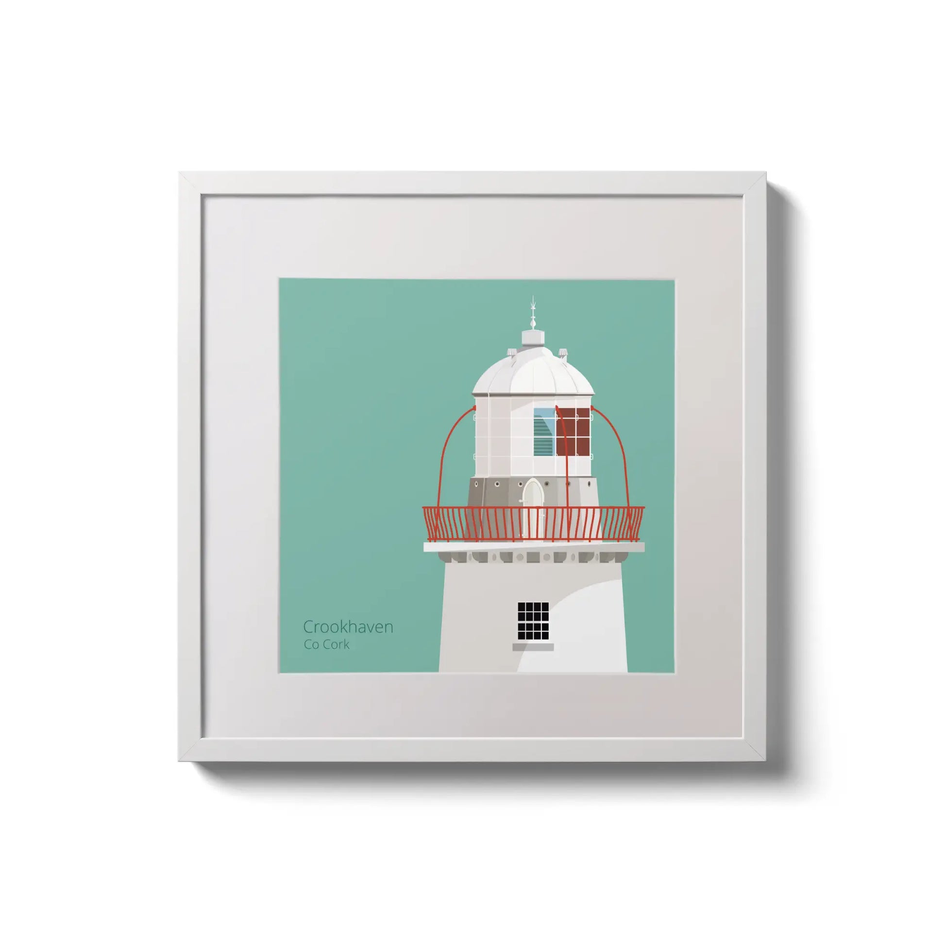 Illustration of Crookhaven lighthouse on an ocean green background,  in a white square frame measuring 20x20cm.