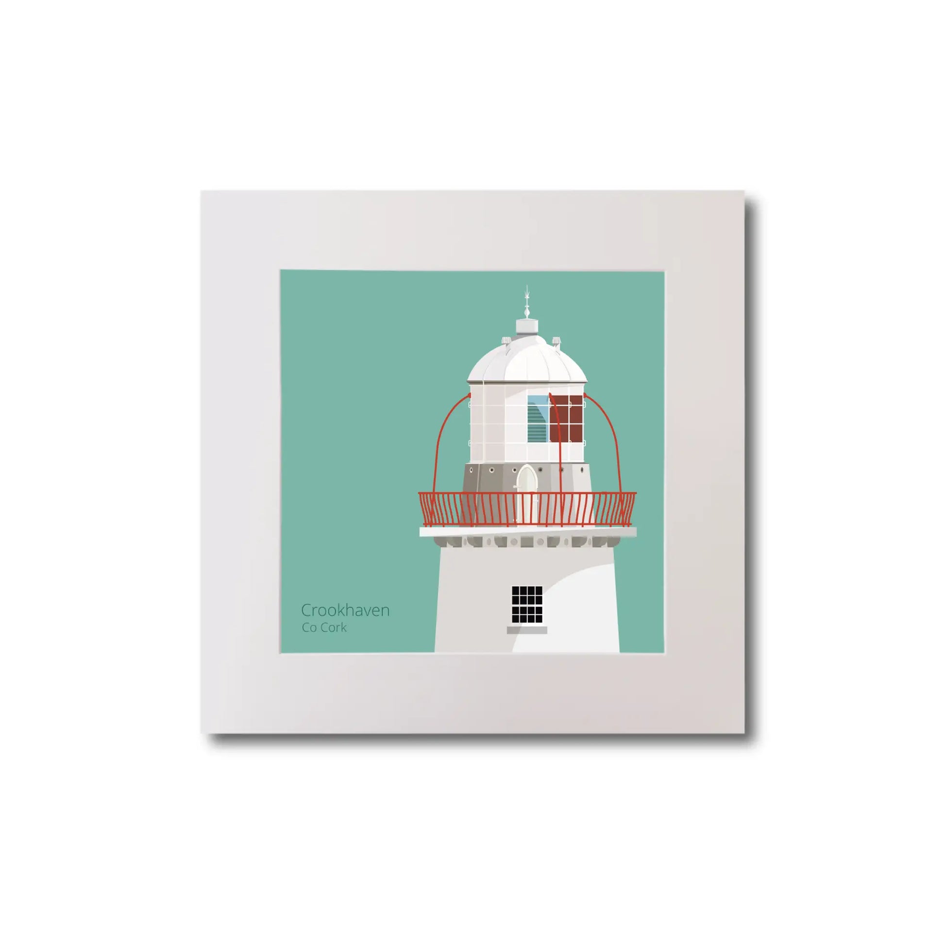 Illustration of Crookhaven lighthouse on an ocean green background, mounted and measuring 20x20cm.