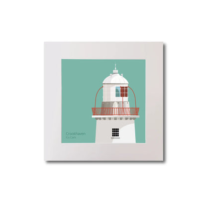 Illustration of Crookhaven lighthouse on an ocean green background, mounted and measuring 20x20cm.