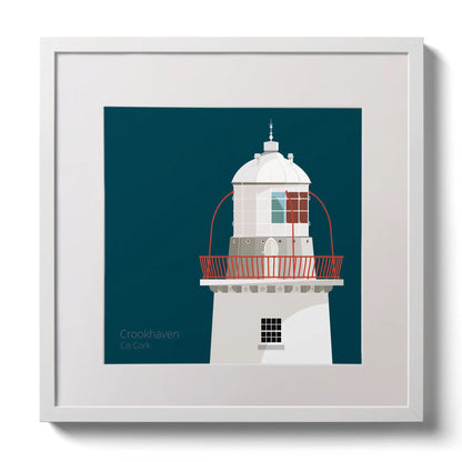 Illustration of Crookhaven lighthouse on a midnight blue background,  in a white square frame measuring 30x30cm.