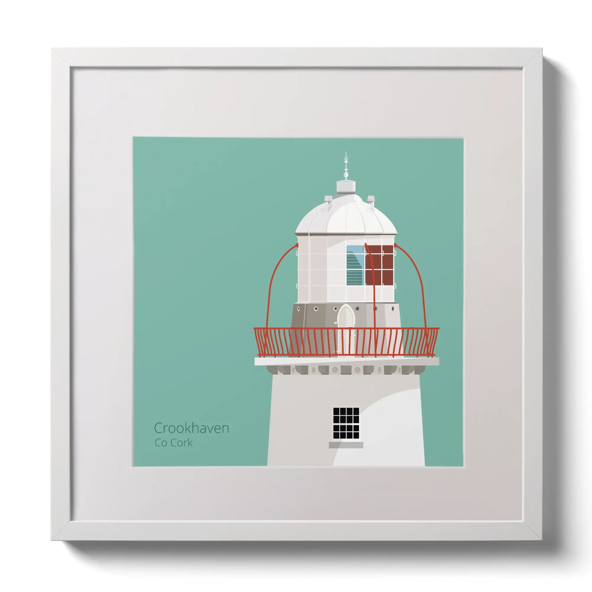 Illustration of Crookhaven lighthouse on an ocean green background,  in a white square frame measuring 30x30cm.