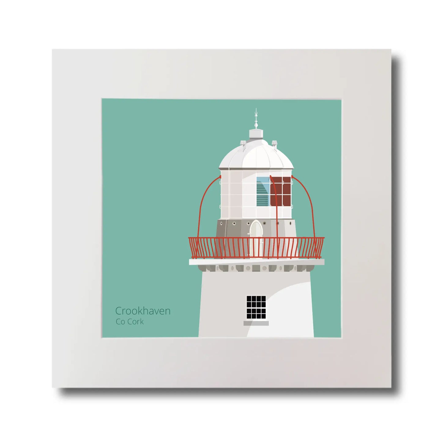 Illustration of Crookhaven lighthouse on an ocean green background, mounted and measuring 30x30cm.
