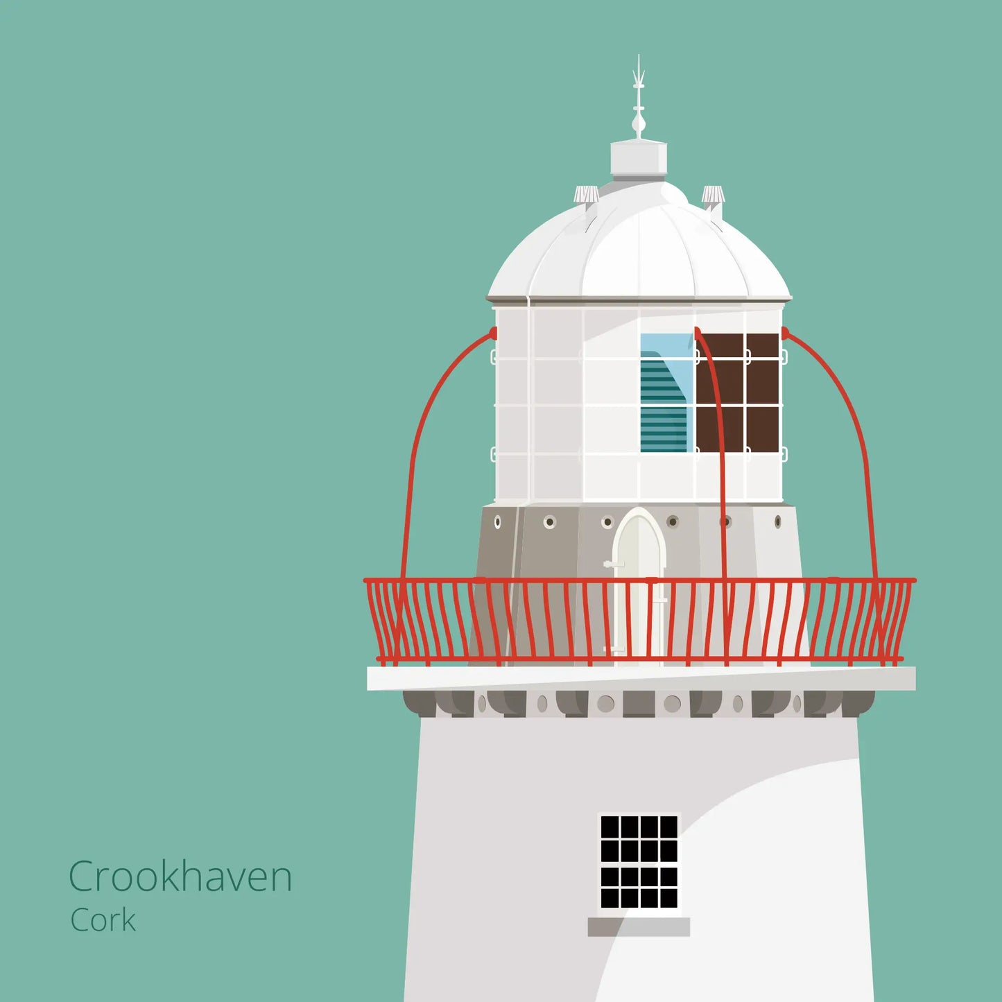 Illustration of Crookhaven lighthouse on an ocean green background