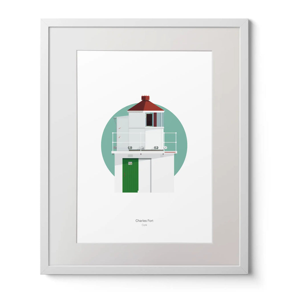 Illustration of Charles Fort lighthouse on a white background inside light blue square,  in a white frame measuring 40x50cm.