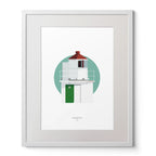 Illustration of Charles Fort lighthouse on a white background inside light blue square,  in a white frame measuring 40x50cm.