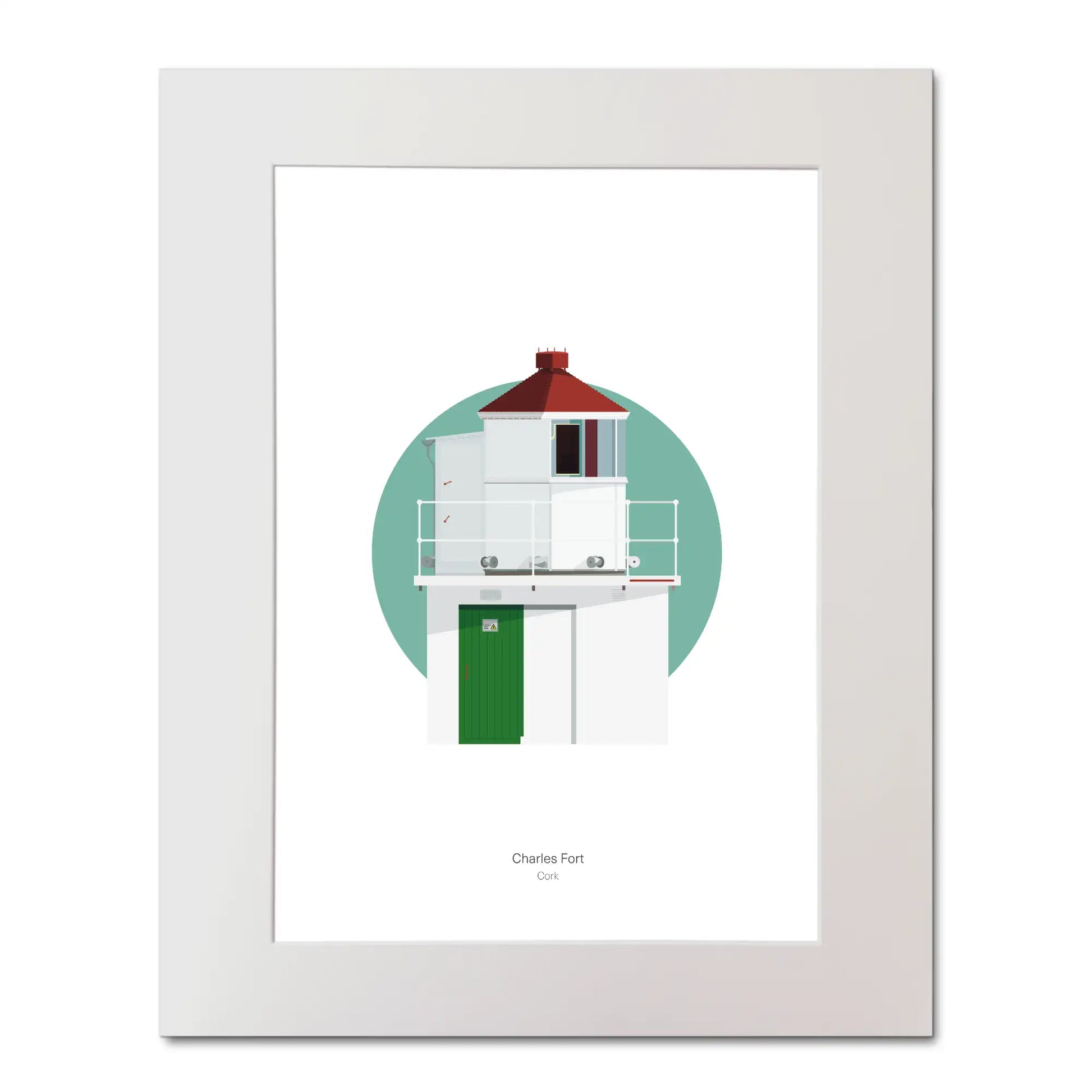 Illustration of Charles Fort lighthouse on a white background inside light blue square, mounted and measuring 40x50cm.