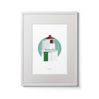 Illustration of Charles Fort lighthouse on a white background inside light blue square,  in a white frame measuring 30x40cm.