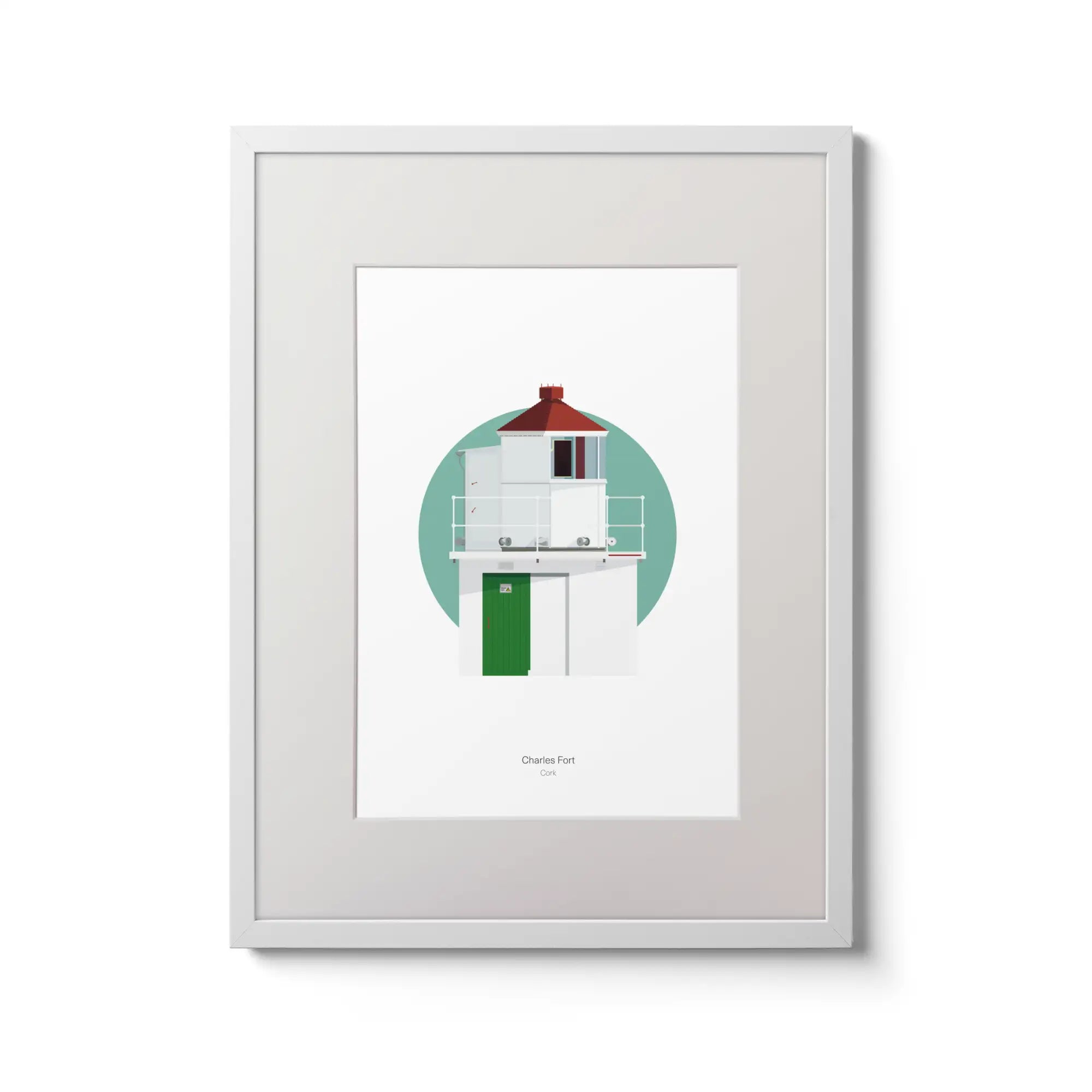 Illustration of Charles Fort lighthouse on a white background inside light blue square,  in a white frame measuring 30x40cm.