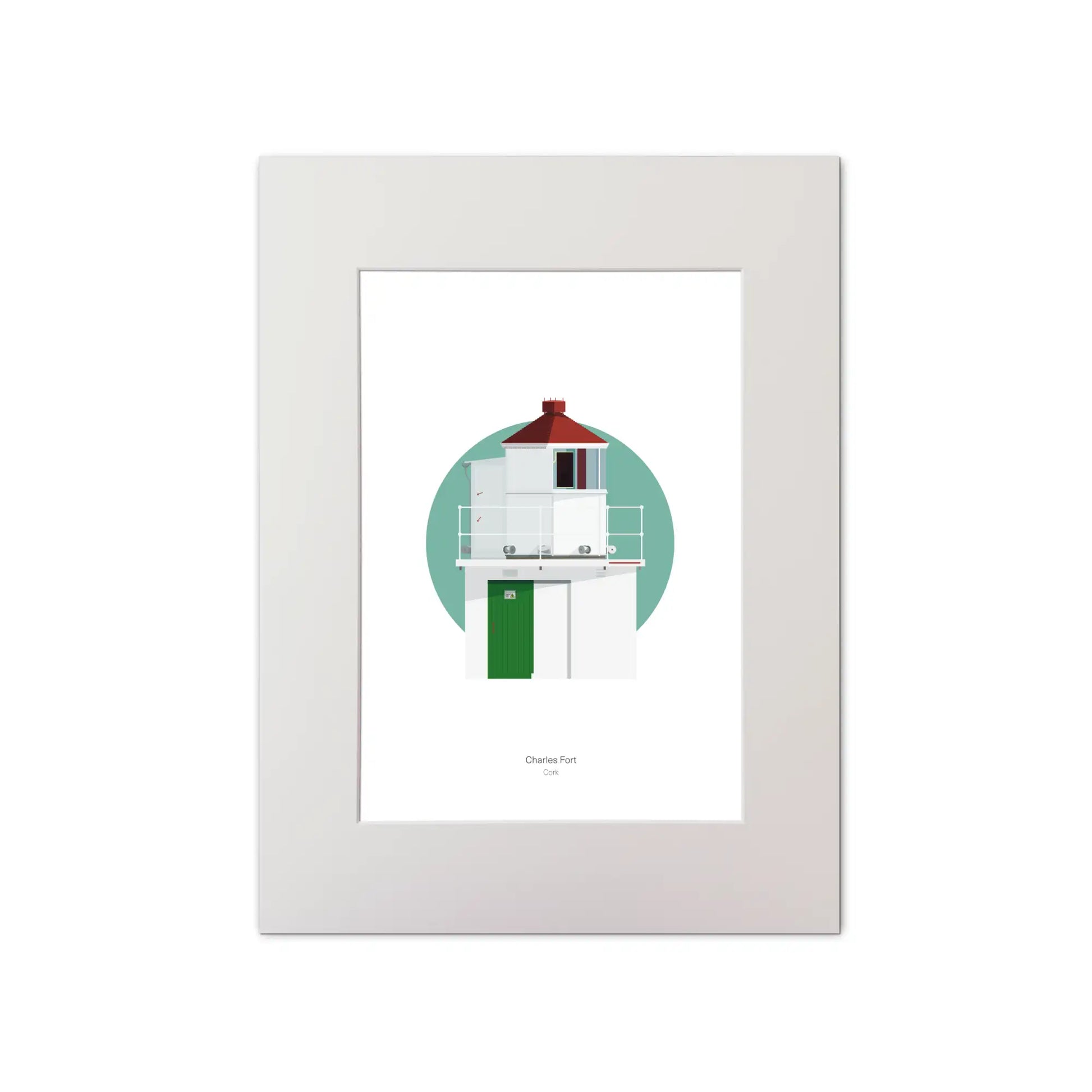 Illustration of Charles Fort lighthouse on a white background inside light blue square, mounted and measuring 30x40cm.