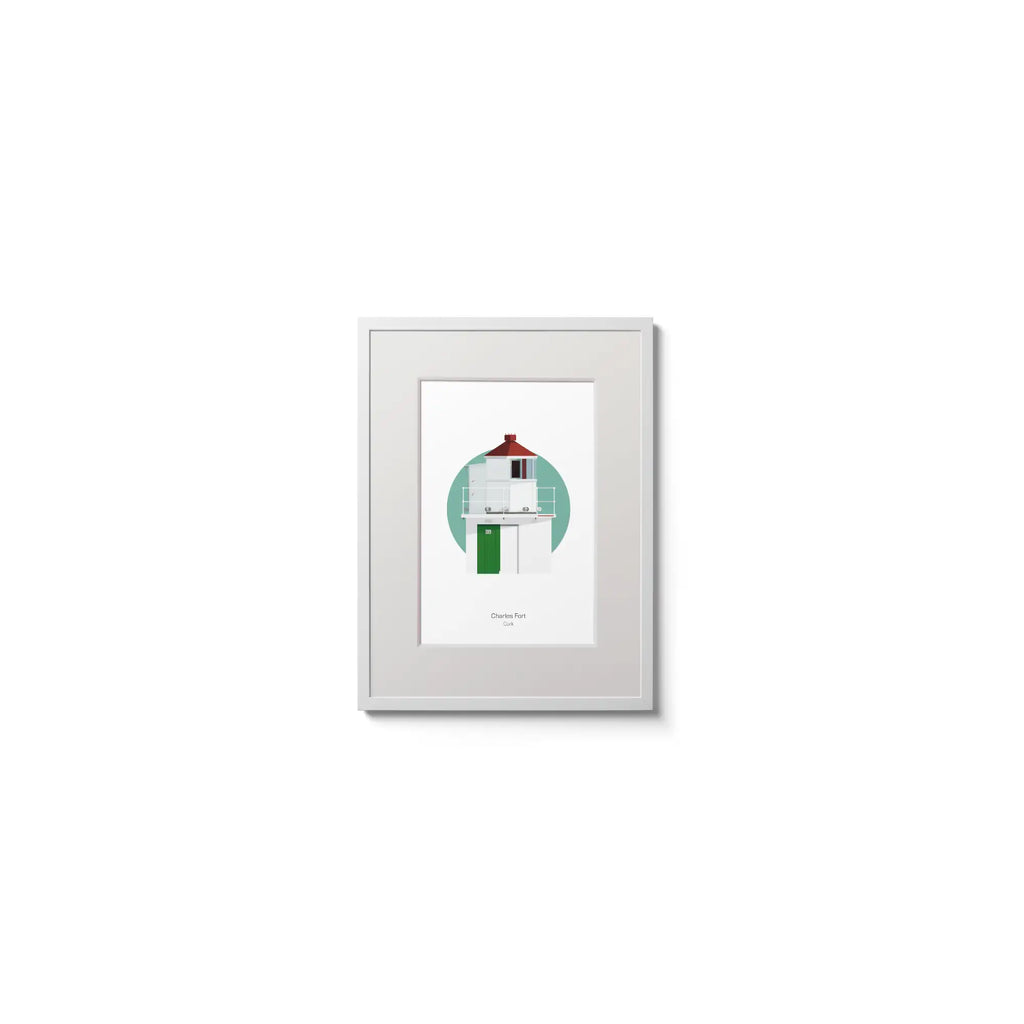 Illustration of Charles Fort lighthouse on a white background inside light blue square,  in a white frame measuring 15x20cm.
