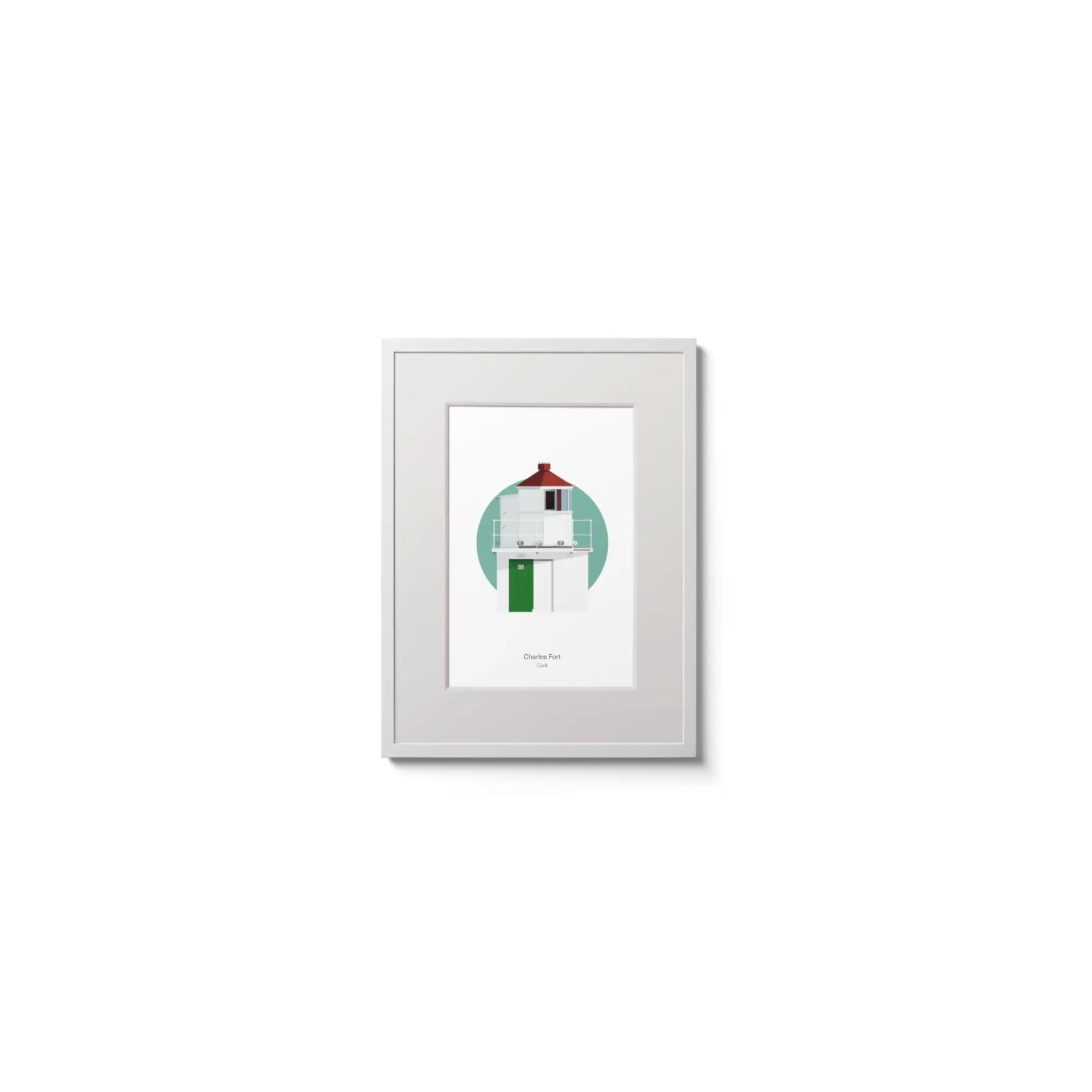 Illustration of Charles Fort lighthouse on a white background inside light blue square,  in a white frame measuring 15x20cm.