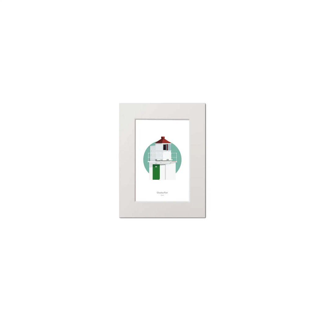 Illustration of Charles Fort lighthouse on a white background inside light blue square, mounted and measuring 15x20cm.