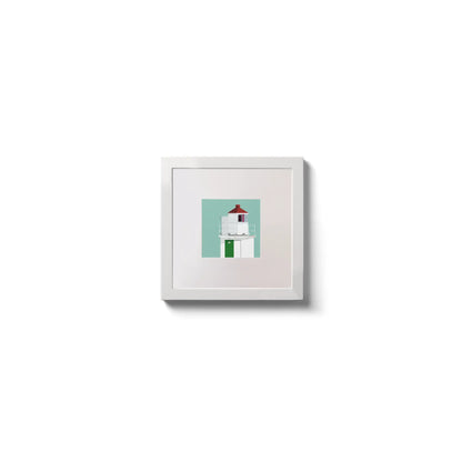 Illustration of Charles Fort lighthouse on an ocean green background,  in a white square frame measuring 10x10cm.