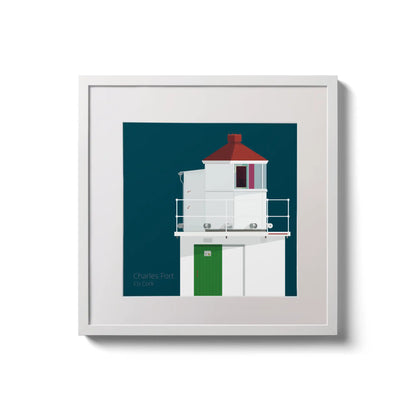 Illustration of Charles Fort lighthouse on a midnight blue background,  in a white square frame measuring 20x20cm.