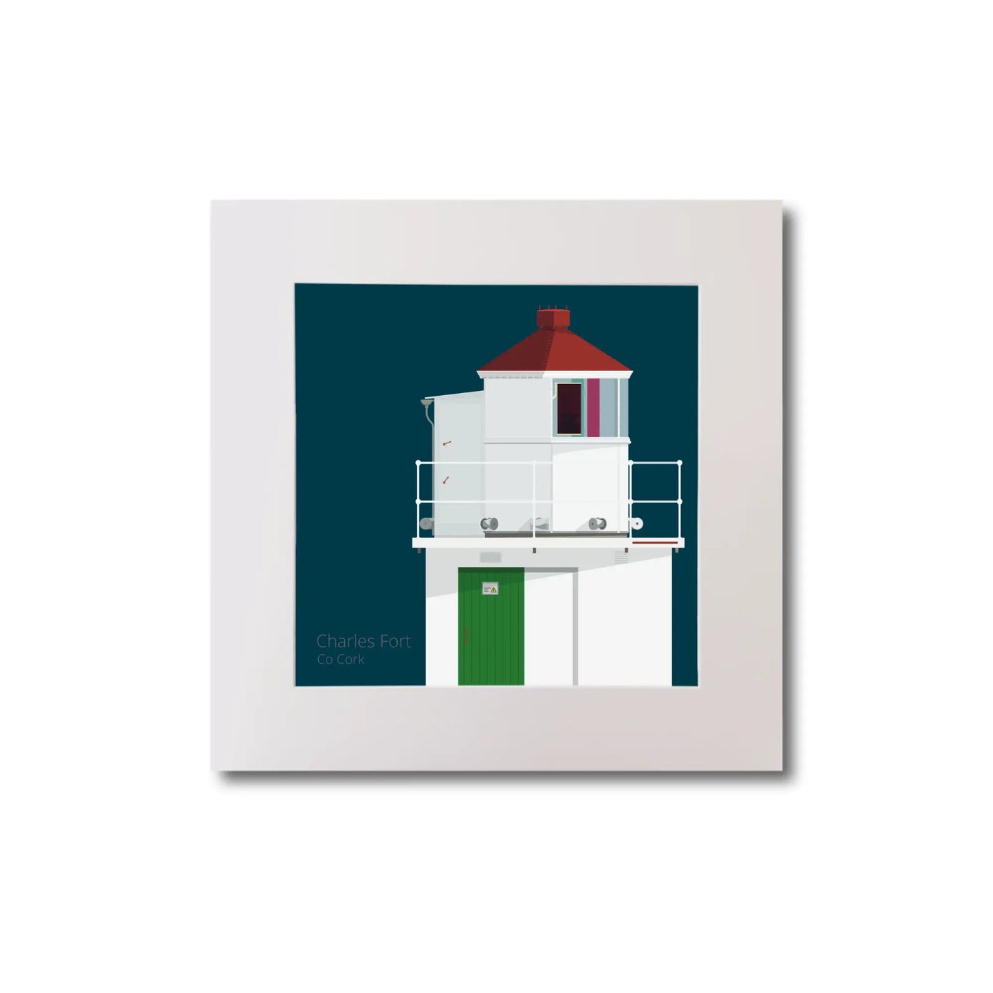 Illustration of Charles Fort lighthouse on a midnight blue background, mounted and measuring 20x20cm.