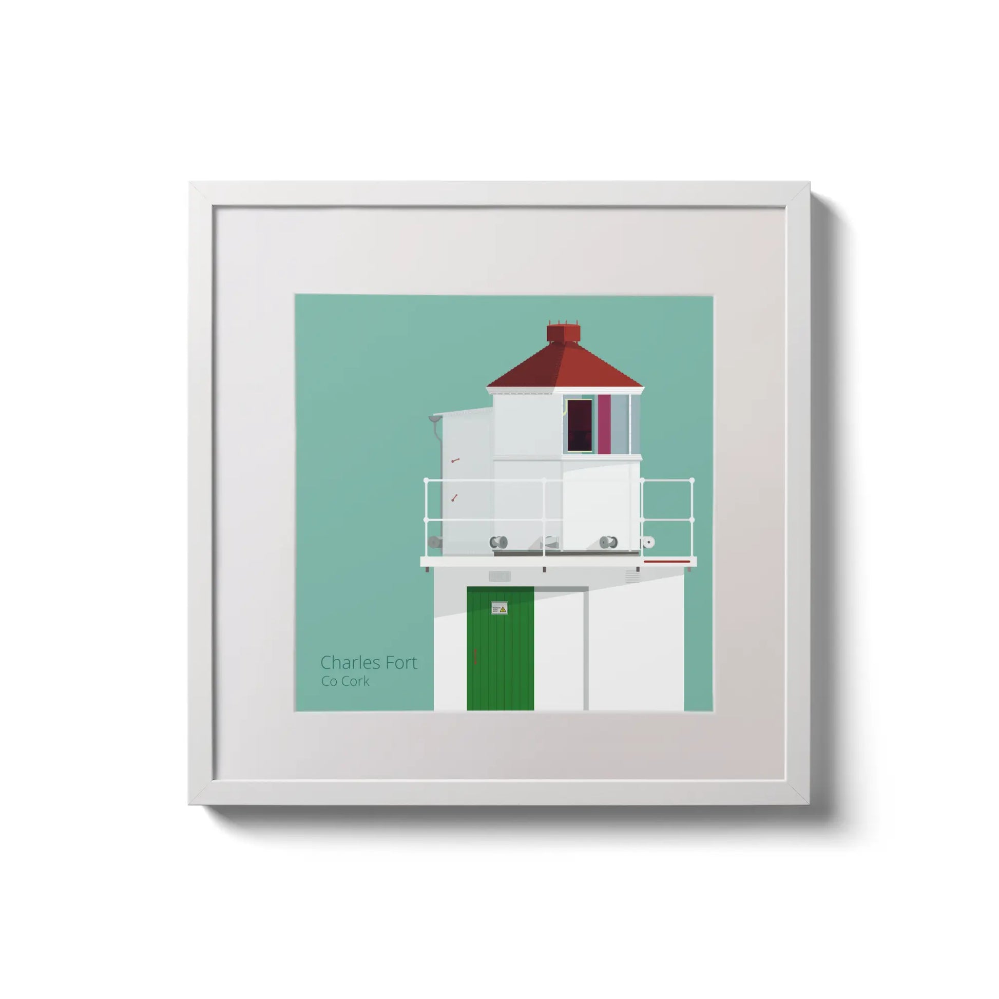 Illustration of Charles Fort lighthouse on an ocean green background,  in a white square frame measuring 20x20cm.