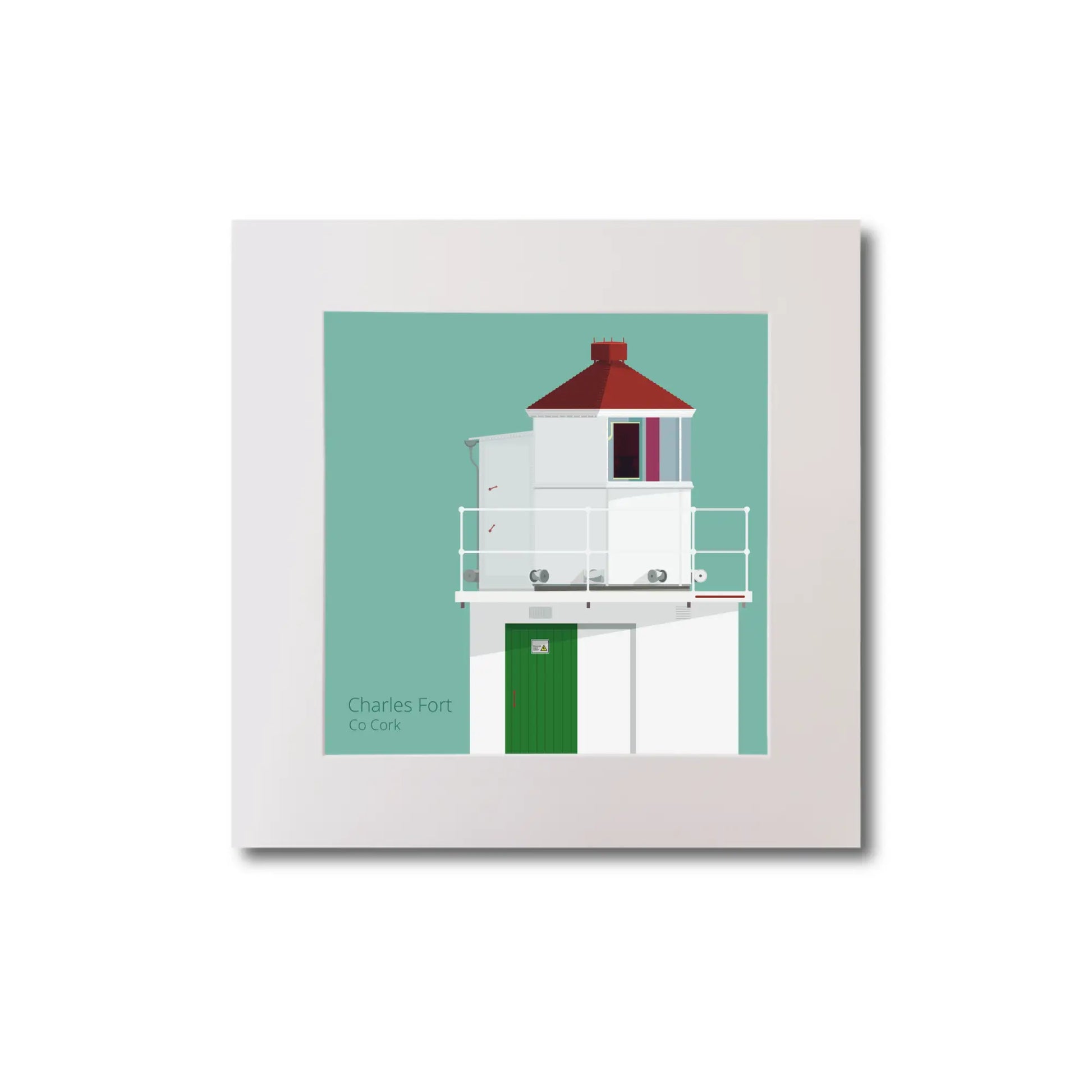 Illustration of Charles Fort lighthouse on an ocean green background, mounted and measuring 20x20cm.