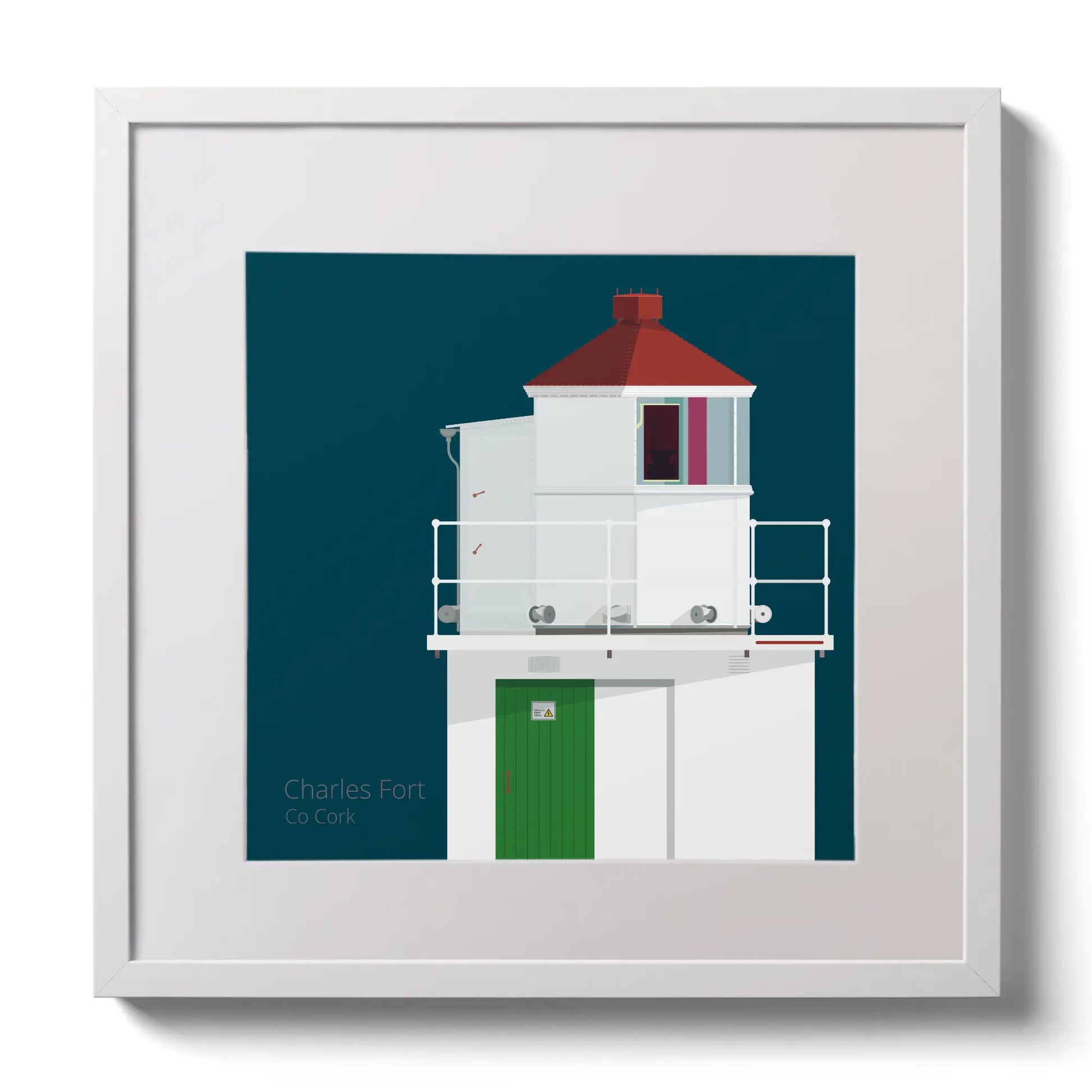 Illustration of Charles Fort lighthouse on a midnight blue background,  in a white square frame measuring 30x30cm.