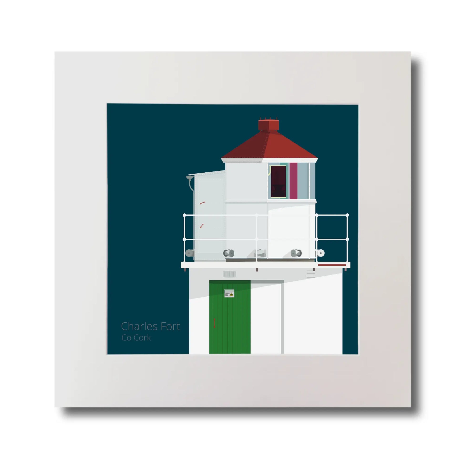 Illustration of Charles Fort lighthouse on a midnight blue background, mounted and measuring 30x30cm.