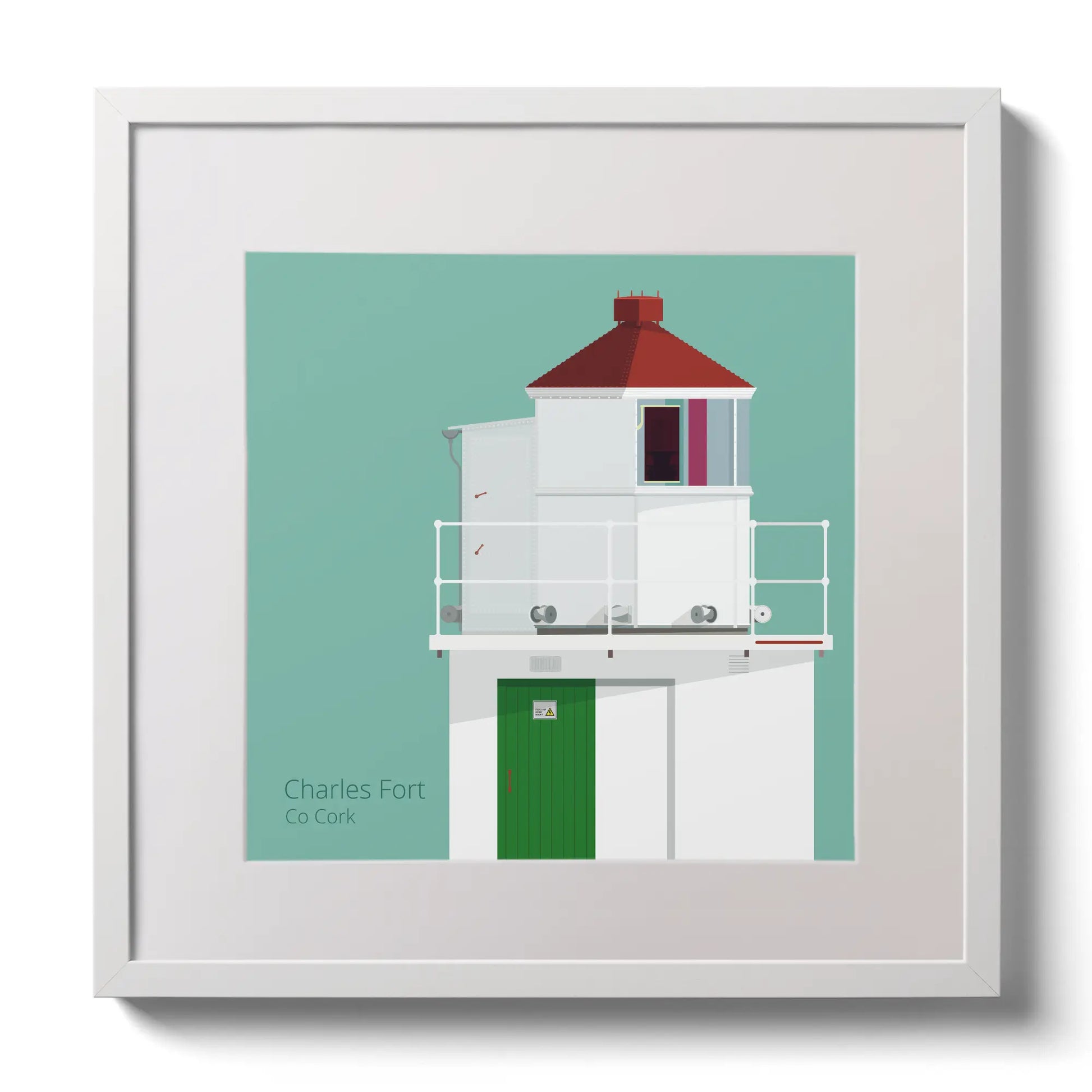 Illustration of Charles Fort lighthouse on an ocean green background,  in a white square frame measuring 30x30cm.