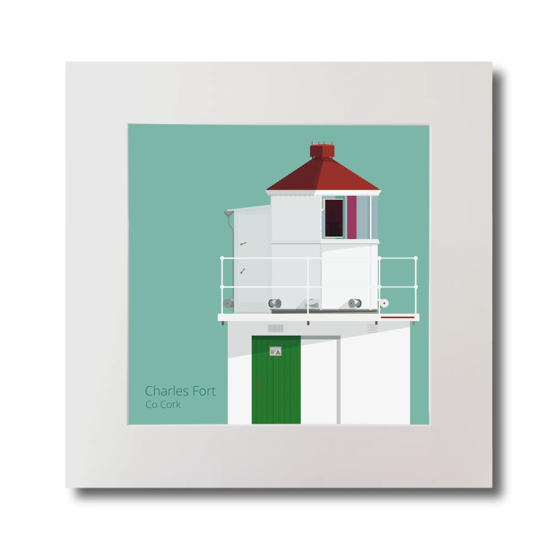 Illustration of Charles Fort lighthouse on an ocean green background, mounted and measuring 30x30cm.
