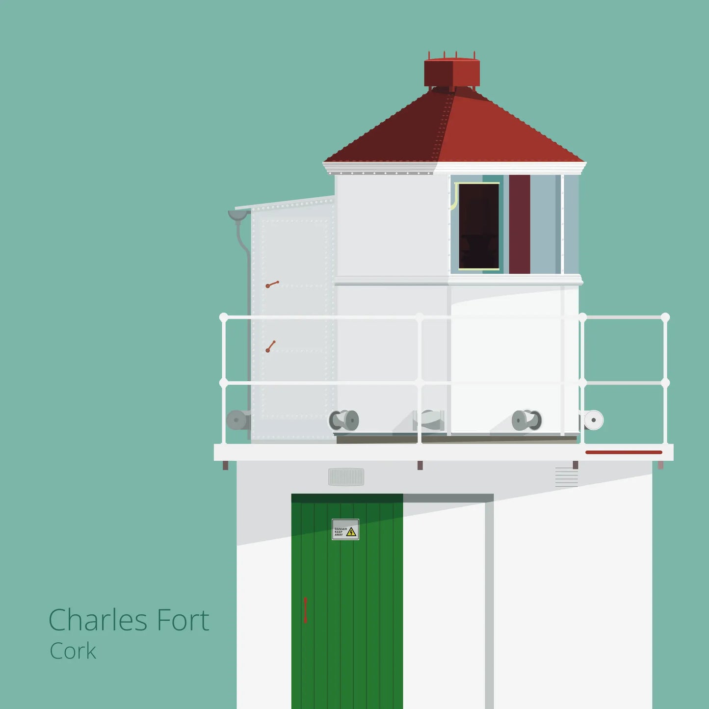 Illustration of Charles Fort lighthouse on an ocean green background