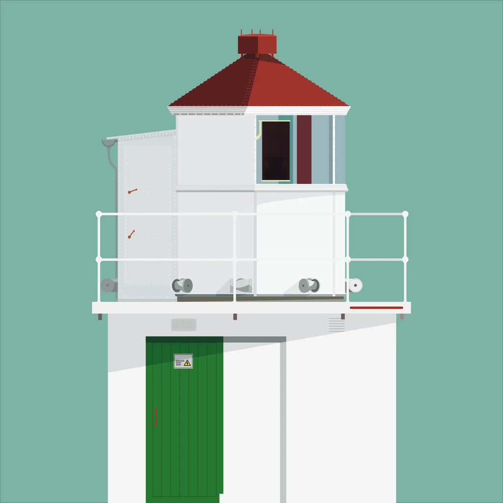 Illustration of Charles Fort lighthouse on a white background inside light blue square.