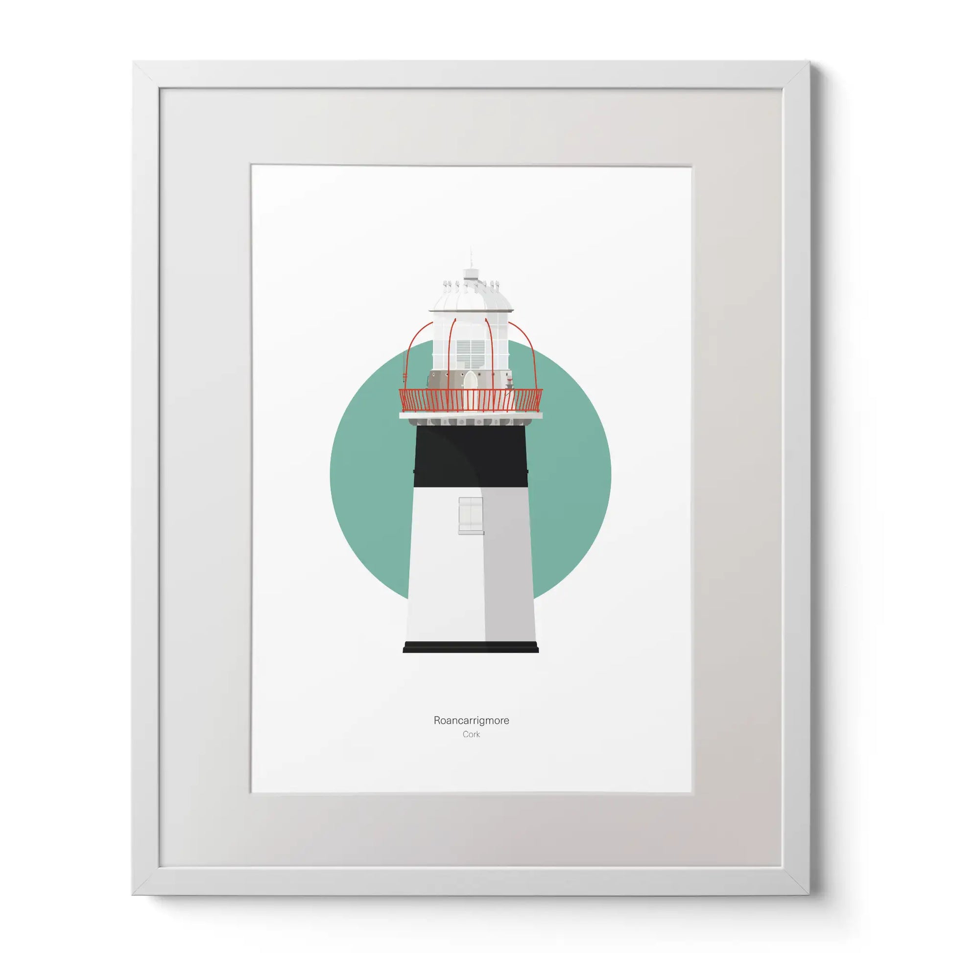 Illustration of Roancarrigmore lighthouse on a white background inside light blue square,  in a white frame measuring 40x50cm.