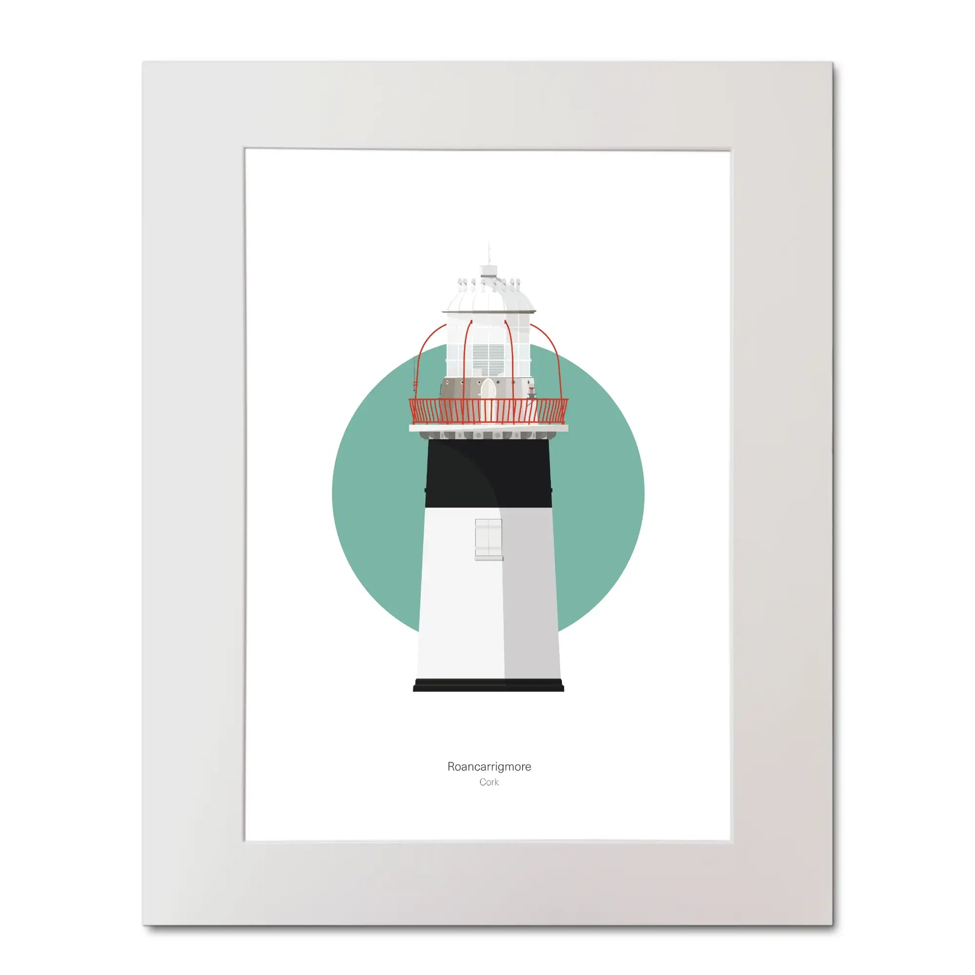 Illustration of Roancarrigmore lighthouse on a white background inside light blue square, mounted and measuring 40x50cm.