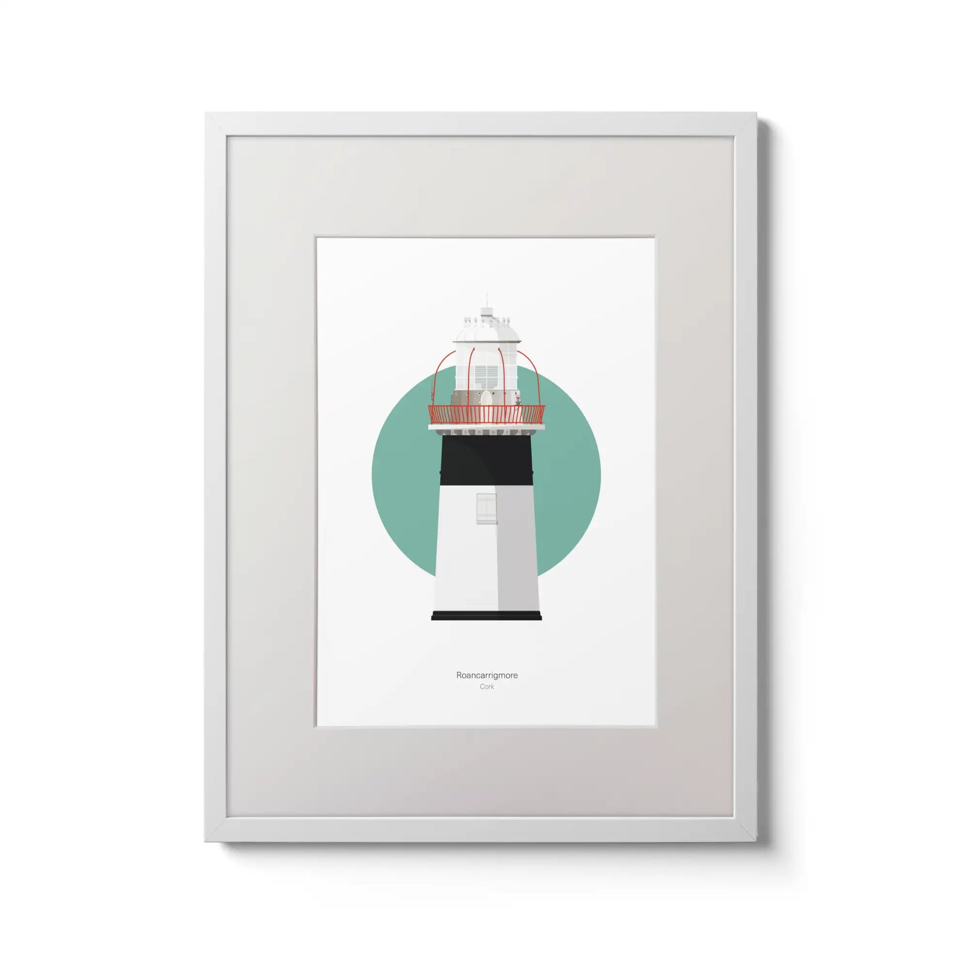 Illustration of Roancarrigmore lighthouse on a white background inside light blue square,  in a white frame measuring 30x40cm.