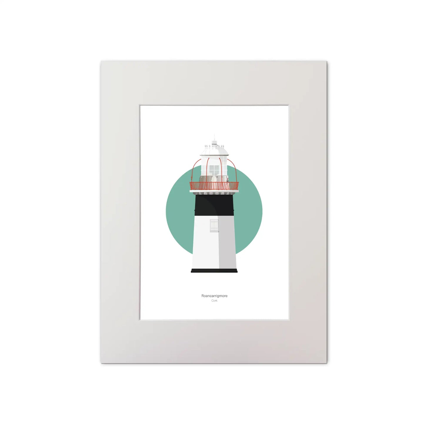 Illustration of Roancarrigmore lighthouse on a white background inside light blue square, mounted and measuring 30x40cm.