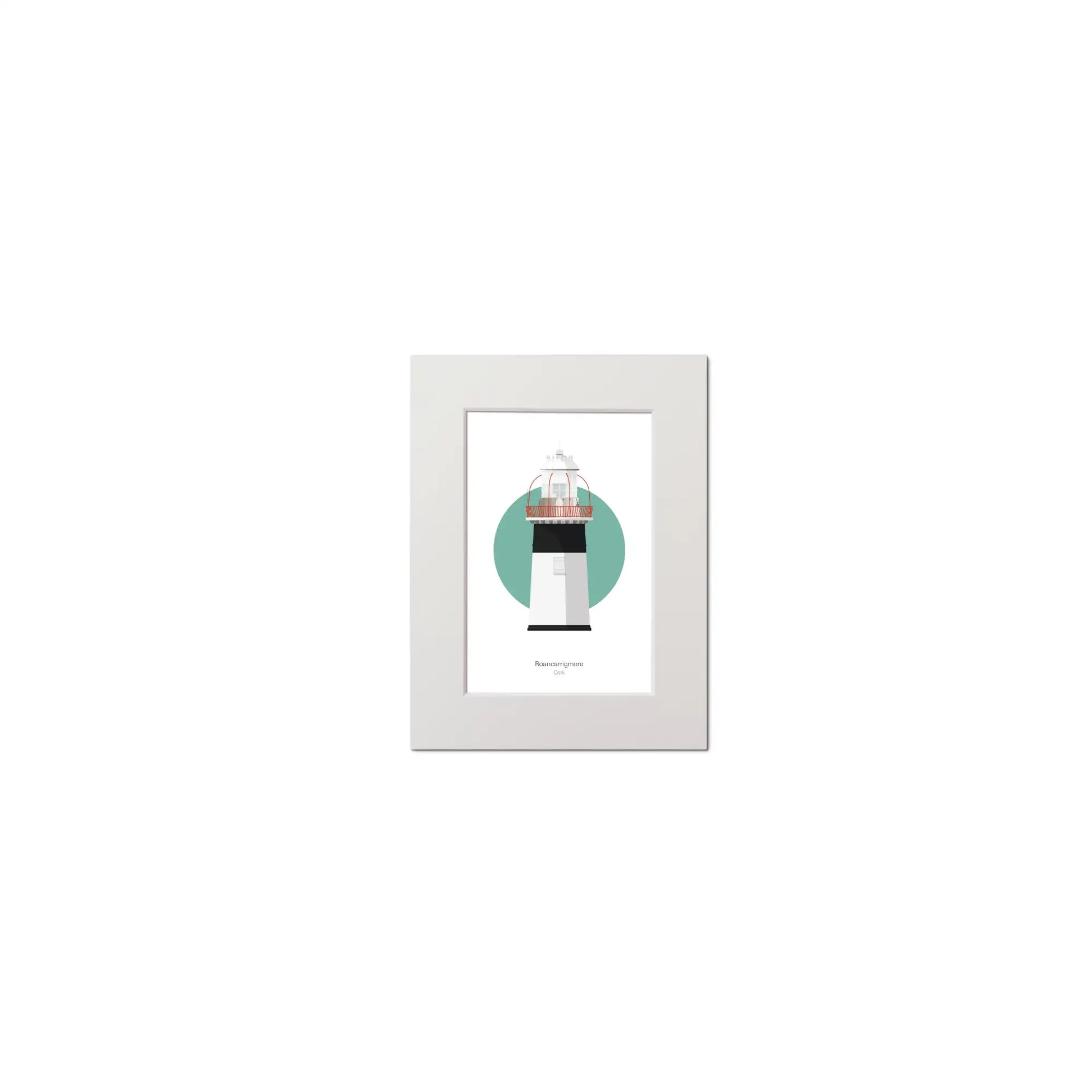 Illustration of Roancarrigmore lighthouse on a white background inside light blue square, mounted and measuring 15x20cm.