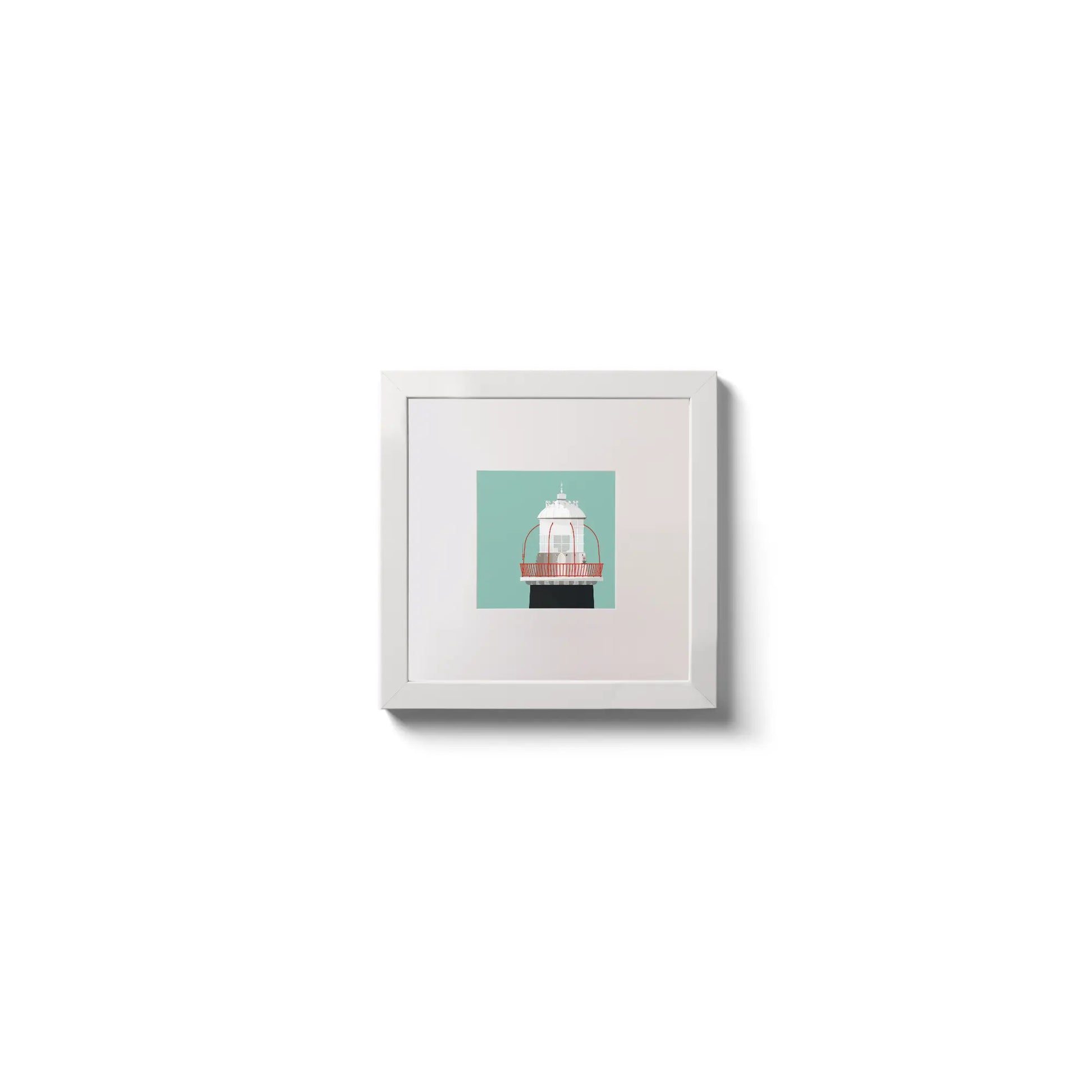 Illustration of Roancarrigmore lighthouse on an ocean green background,  in a white square frame measuring 10x10cm.