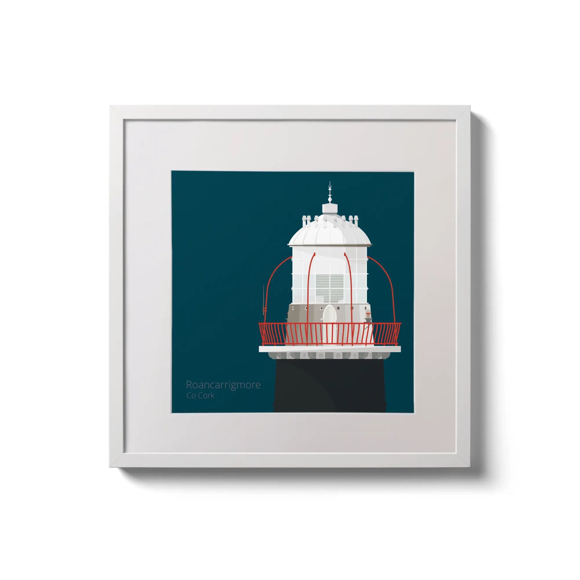 Illustration of Roancarrigmore lighthouse on a midnight blue background,  in a white square frame measuring 20x20cm.