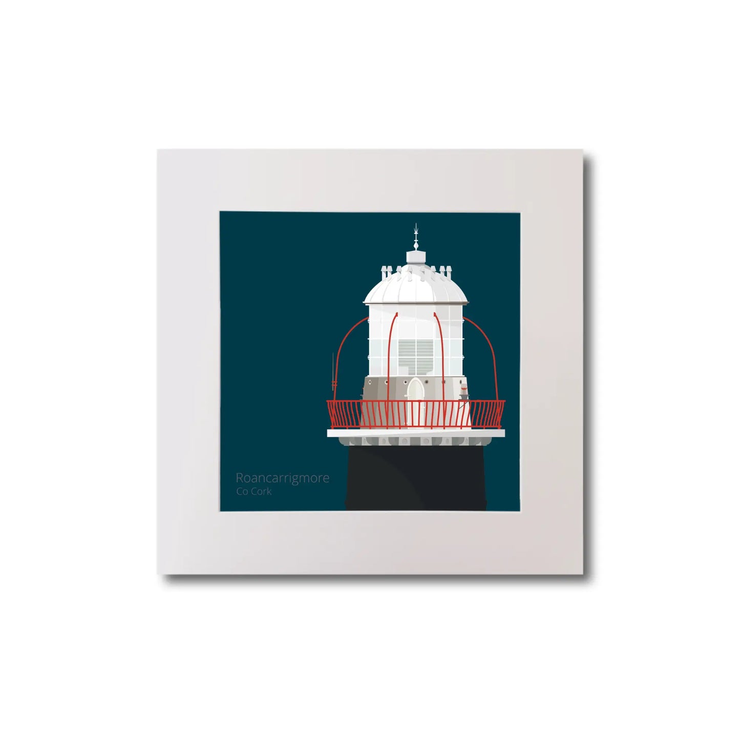 Illustration of Roancarrigmore lighthouse on a midnight blue background, mounted and measuring 20x20cm.