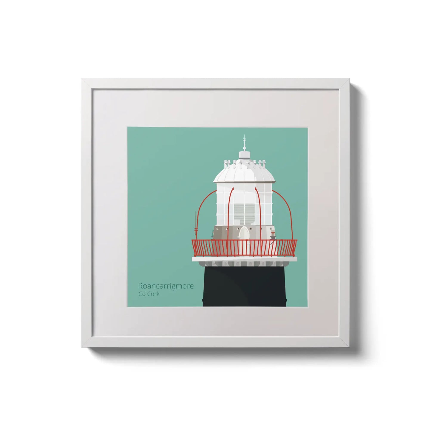 Illustration of Roancarrigmore lighthouse on an ocean green background,  in a white square frame measuring 20x20cm.