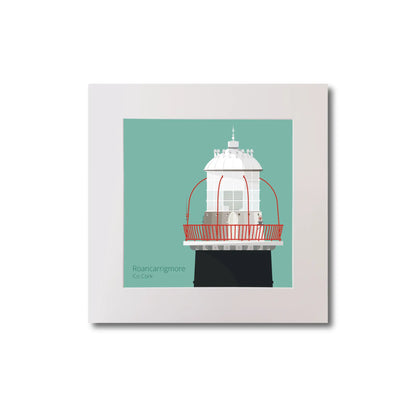 Illustration of Roancarrigmore lighthouse on an ocean green background, mounted and measuring 20x20cm.