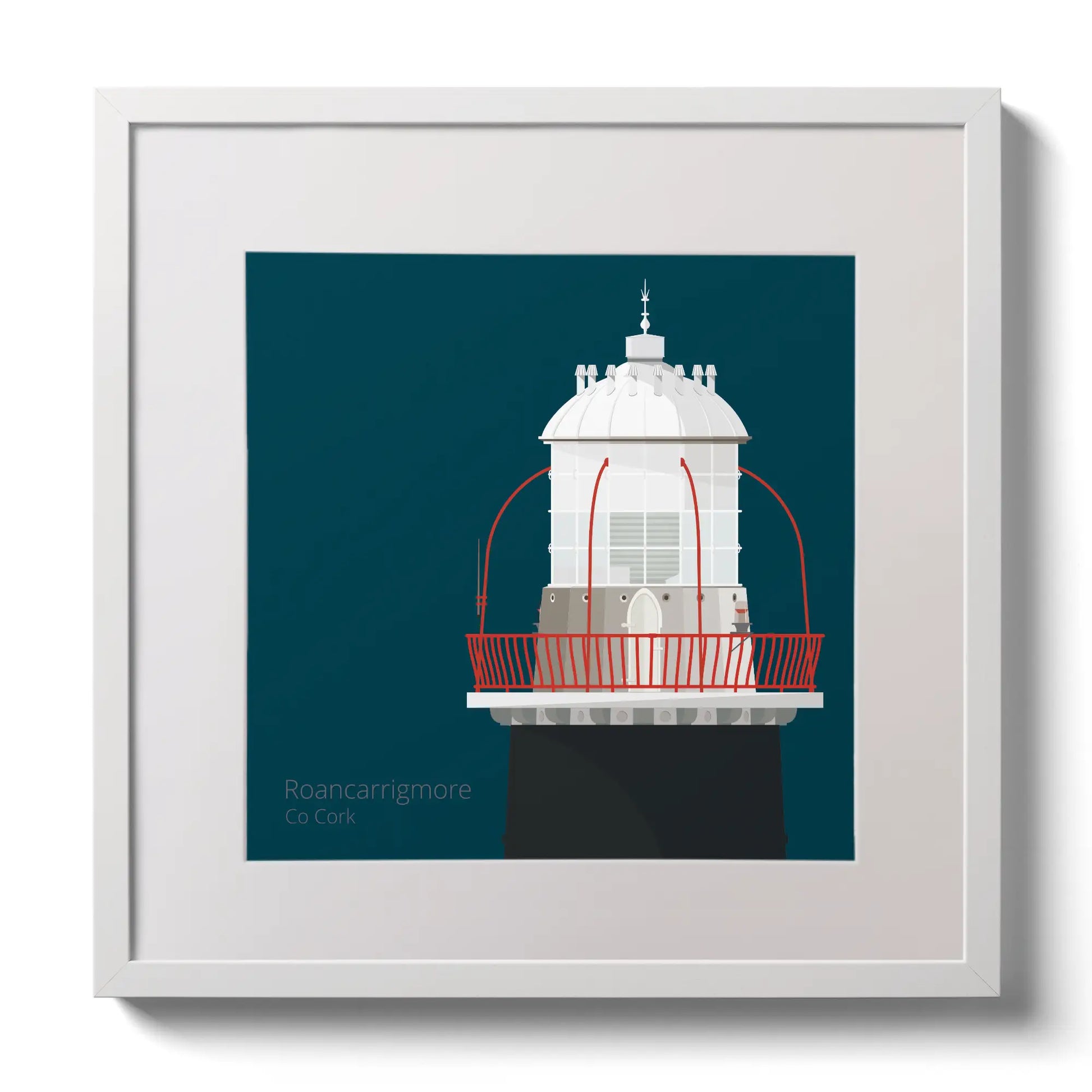 Illustration of Roancarrigmore lighthouse on a midnight blue background,  in a white square frame measuring 30x30cm.