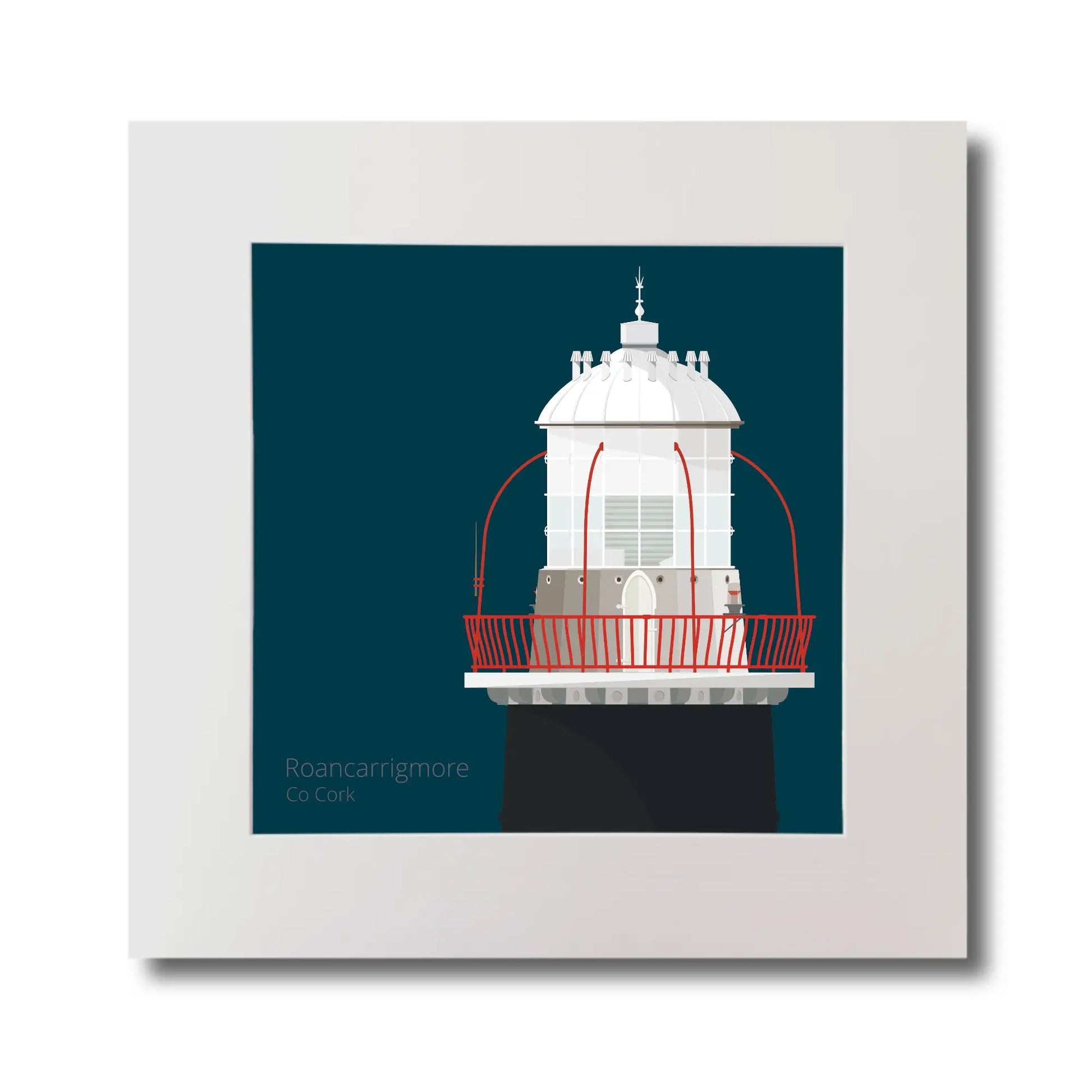 Illustration of Roancarrigmore lighthouse on a midnight blue background, mounted and measuring 30x30cm.